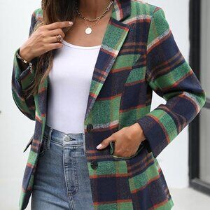 Women's Lapel Collar Plaid 2 Button Blue Green Plaid Blazer Suit Houndstooth